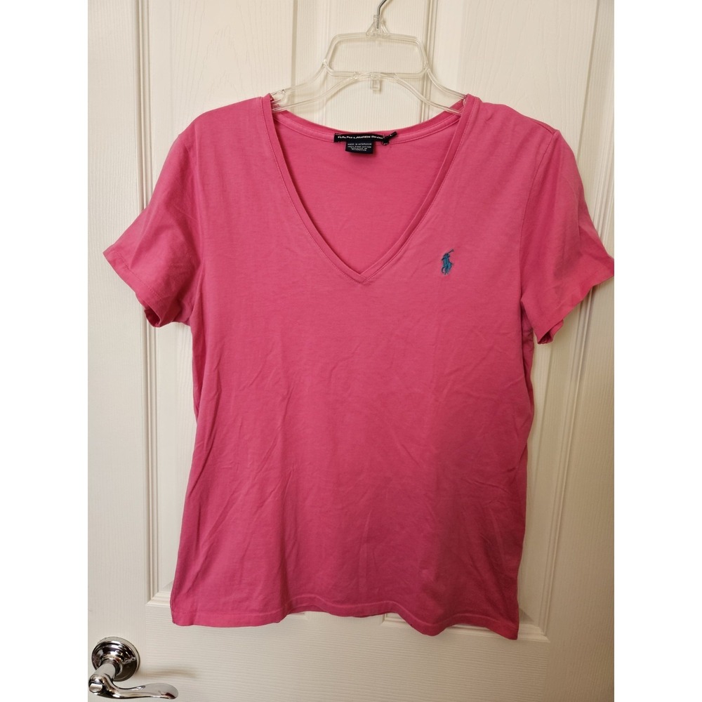 Ralph Lauren Sport Women's Pink V-Neck Short Sleeve 100% Cotton Top, Sz. LG
